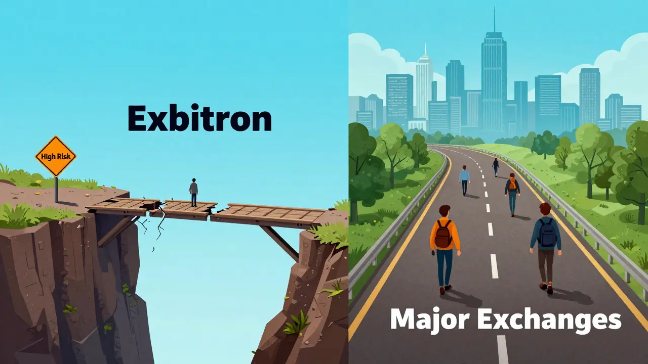 Editorial drawing comparing a crumbling risky bridge to a safe highway for crypto trading