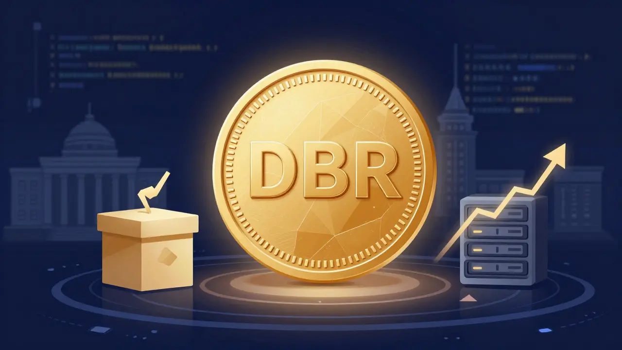 Glowing DBR token surrounded by symbols of governance, security, and market growth.
