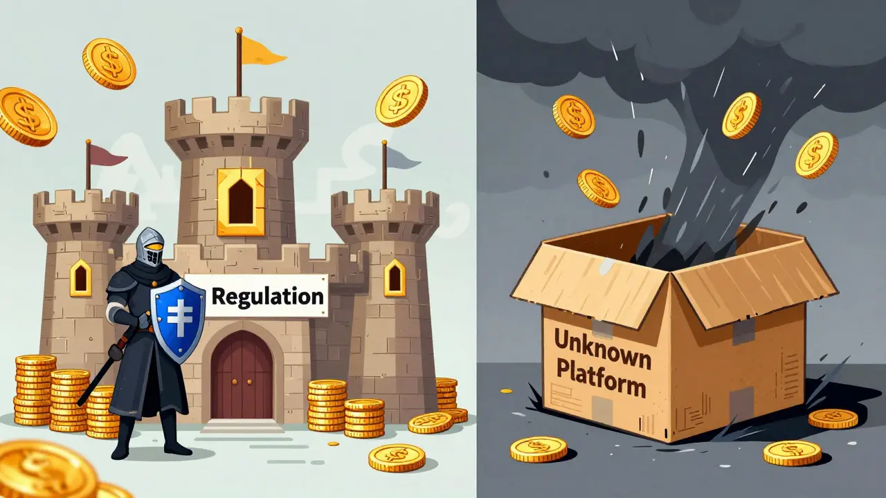 Illustration comparing a secure fortress exchange to a collapsing risky platform in a storm.