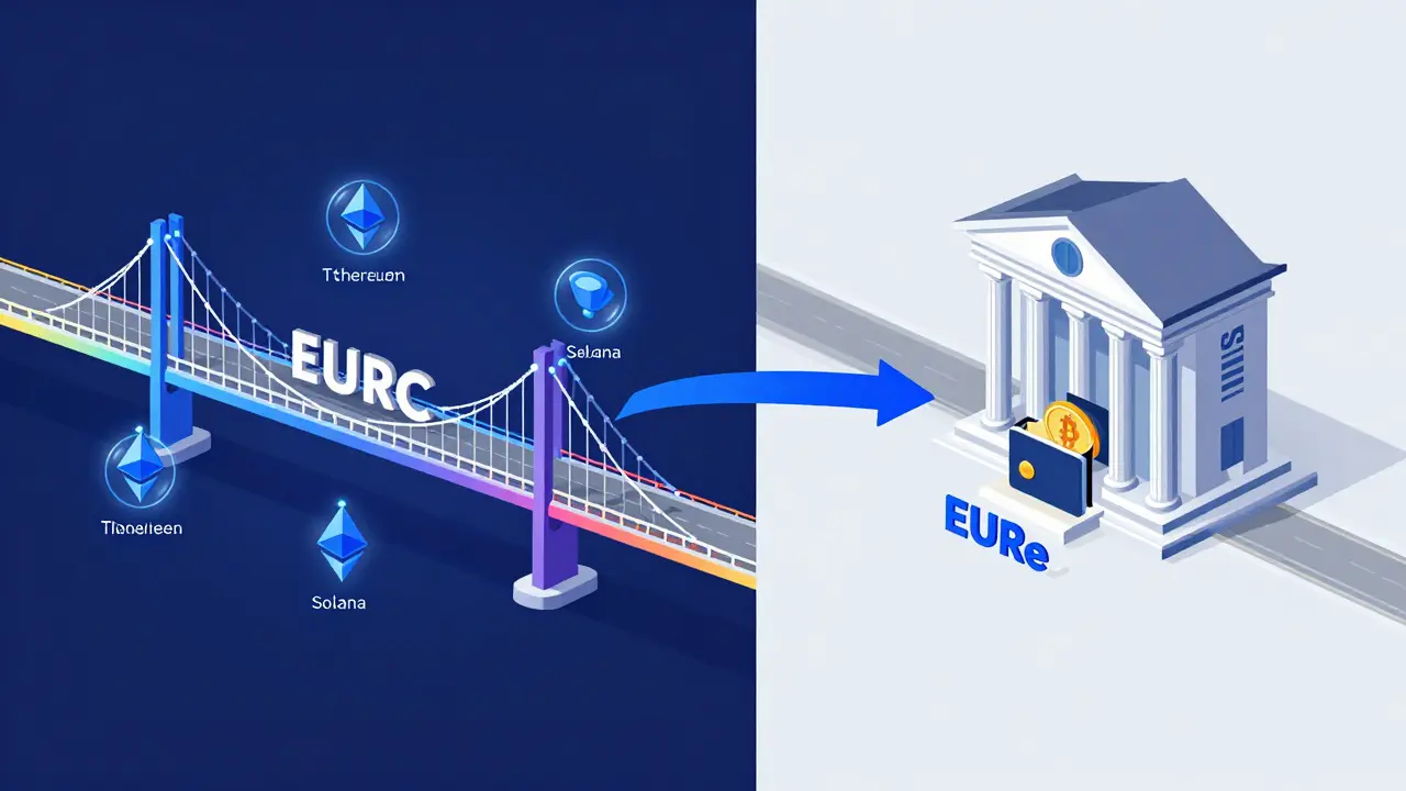 Illustration comparing EURC multi-chain flexibility with EURe banking integration bridges.