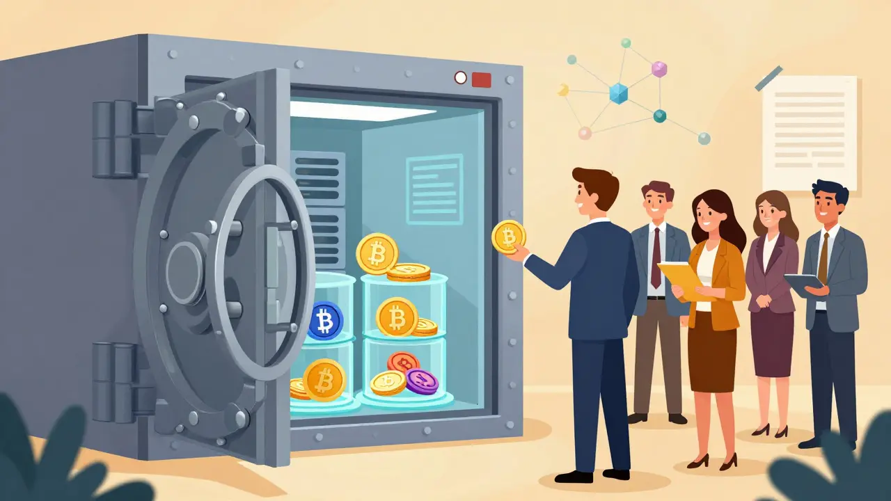 Illustration of a bank vault offering secure crypto custody services to diverse customers.