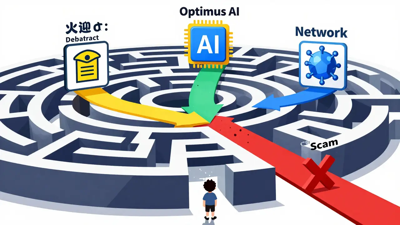 Illustration of a maze showing legitimate crypto entities versus a scam trap door.