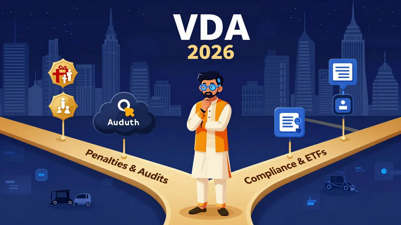 Illustration of an Indian investor navigating VDA compliance strategies in 2026.