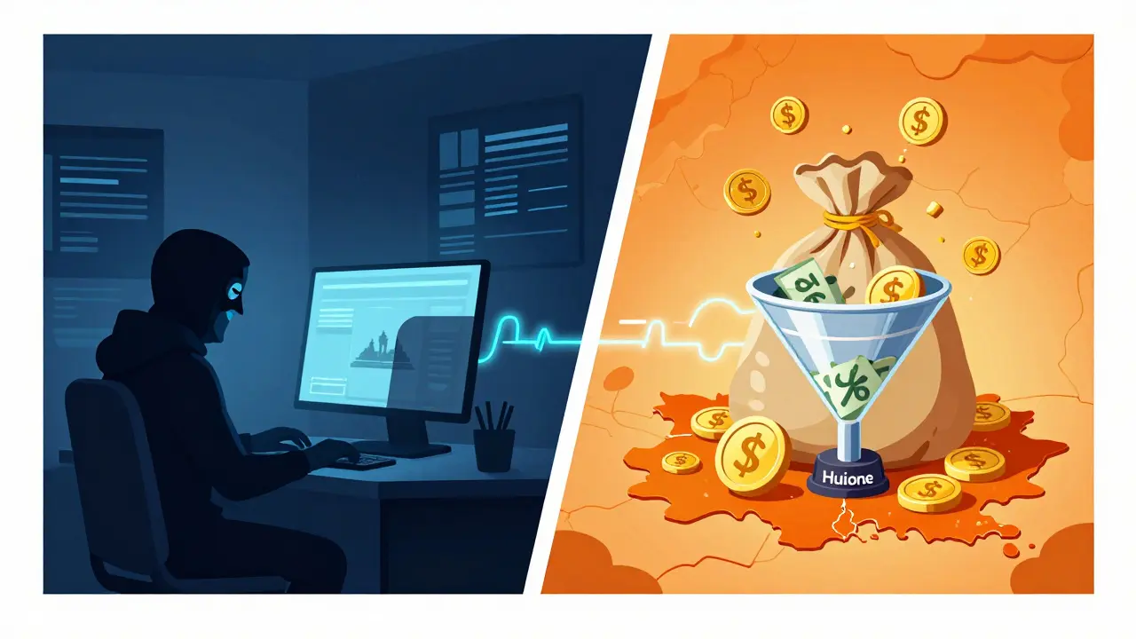 Illustration of cyber hackers and money laundering via Cambodia