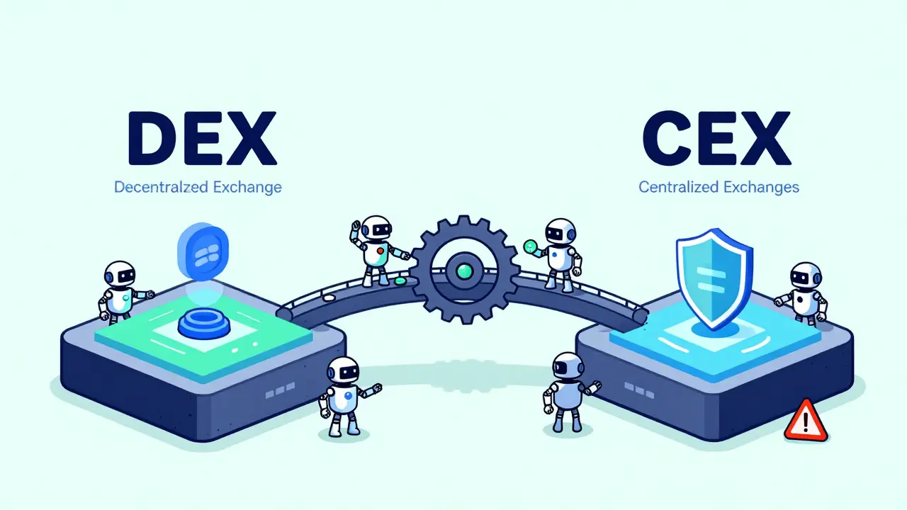 Illustration of DEX and CEX platforms connected by a balancing mechanism with bot shields