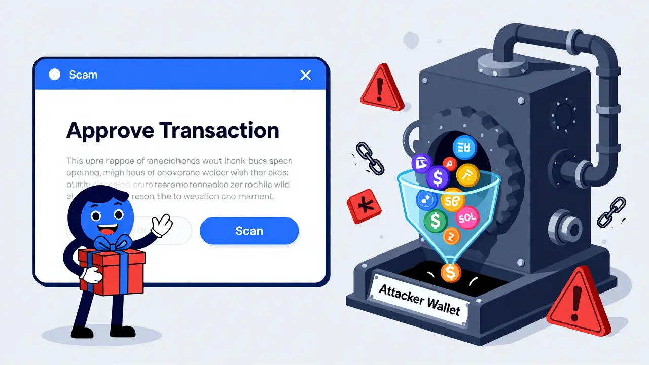Illustration showing fake approval button draining crypto tokens into attacker wallet.