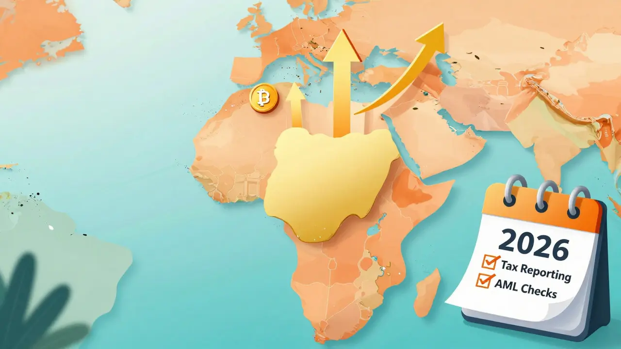 Map highlighting Nigeria's leading crypto growth and 2026 compliance checklist in an editorial style.