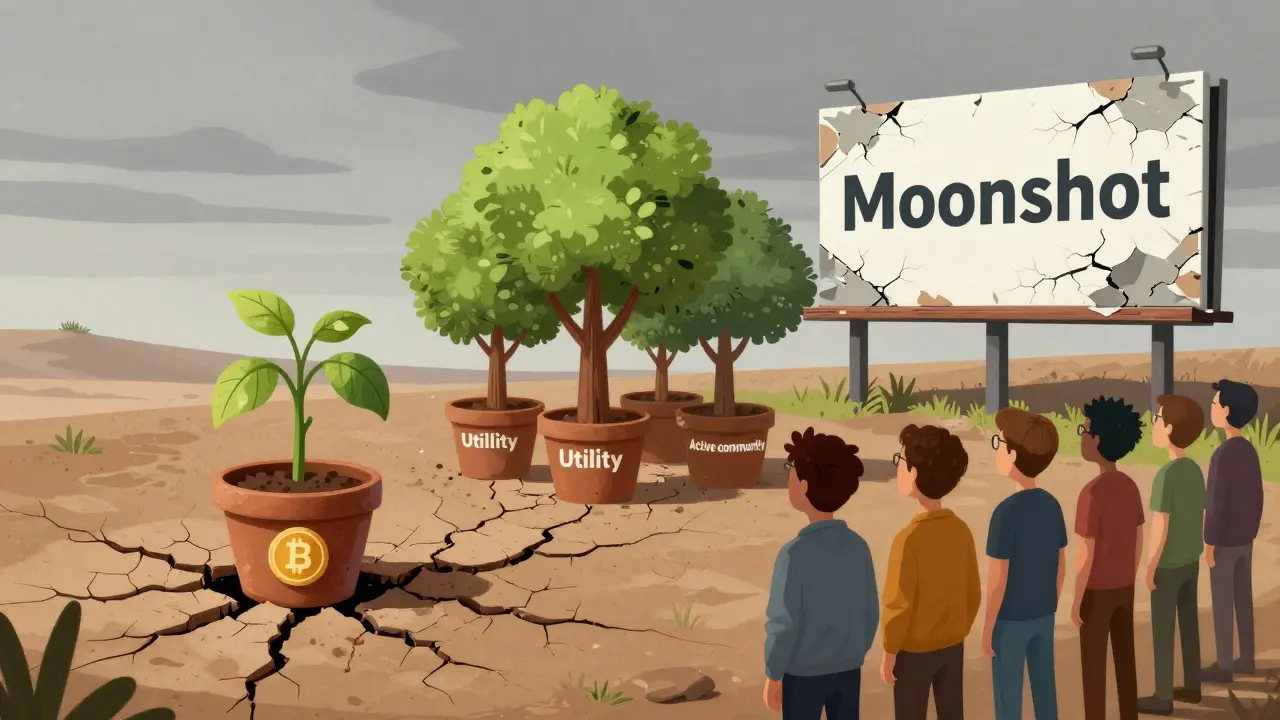 Metaphorical image showing a wilting crypto plant next to healthy projects, symbolizing lack of utility.