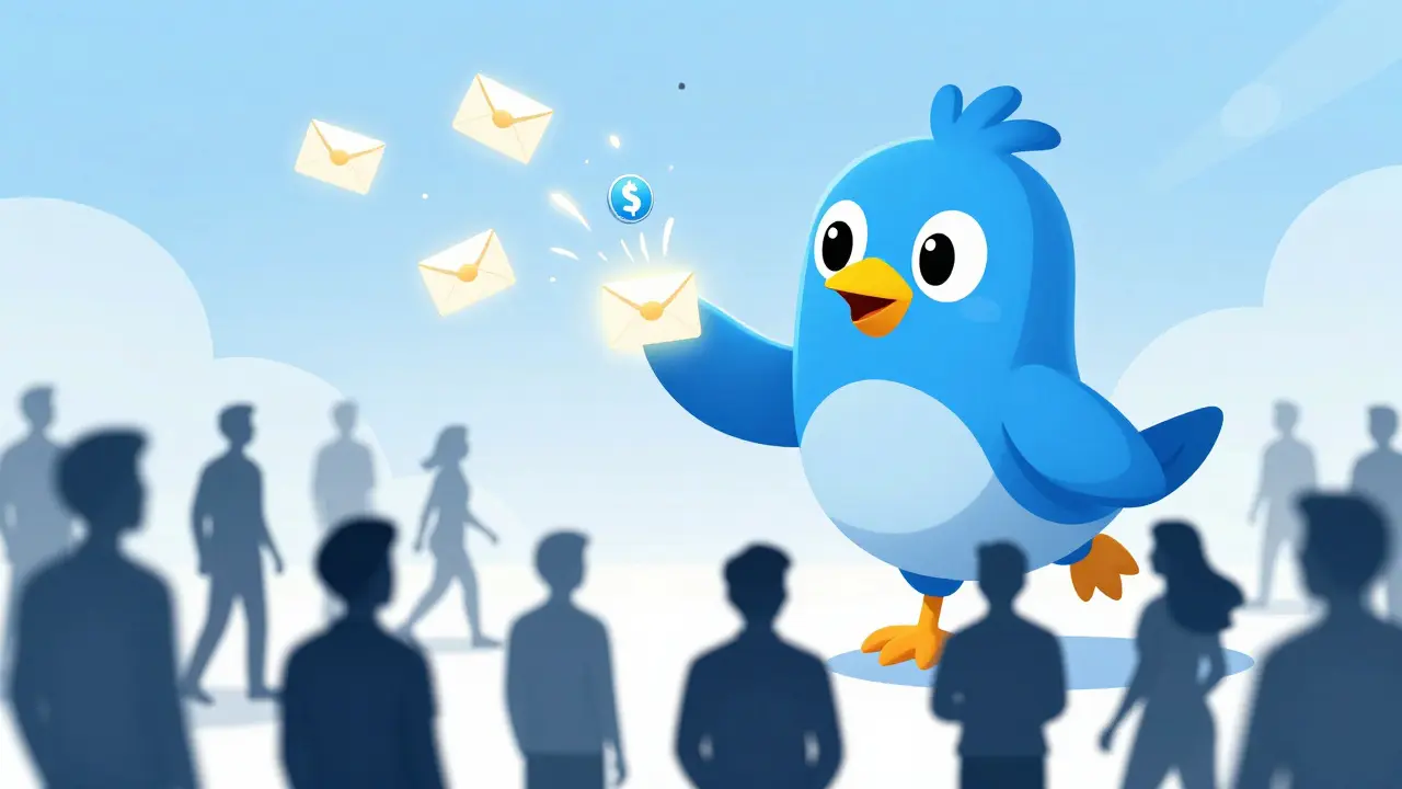 Social media bird distributing glowing reward envelopes to users