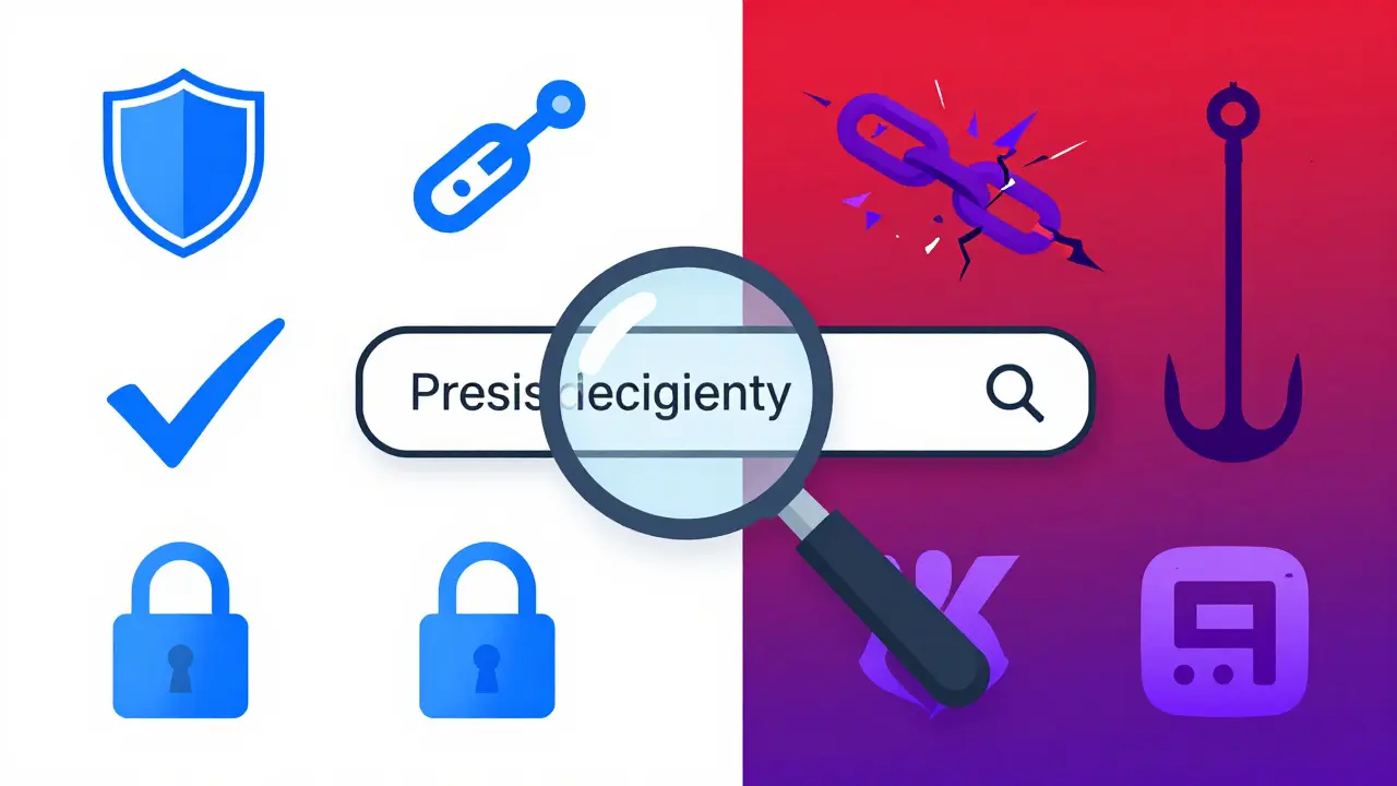Split illustration contrasting secure verified crypto channels on the left with chaotic scam tactics on the right.
