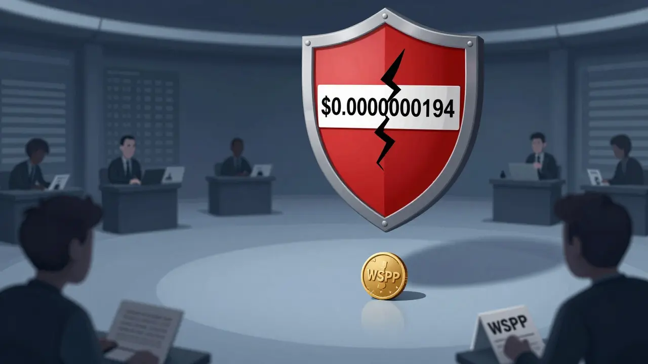 Tiny WSPP coin on empty trading floor with warning signs about low liquidity.