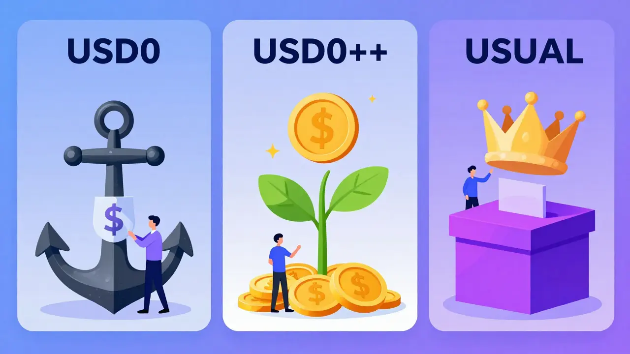 Triptych illustration depicting USD0 stability, USD0++ yield growth, and USUAL governance.