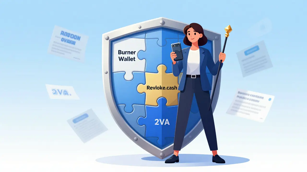 User protected by security shield against scam ads, holding hardware wallet safely.