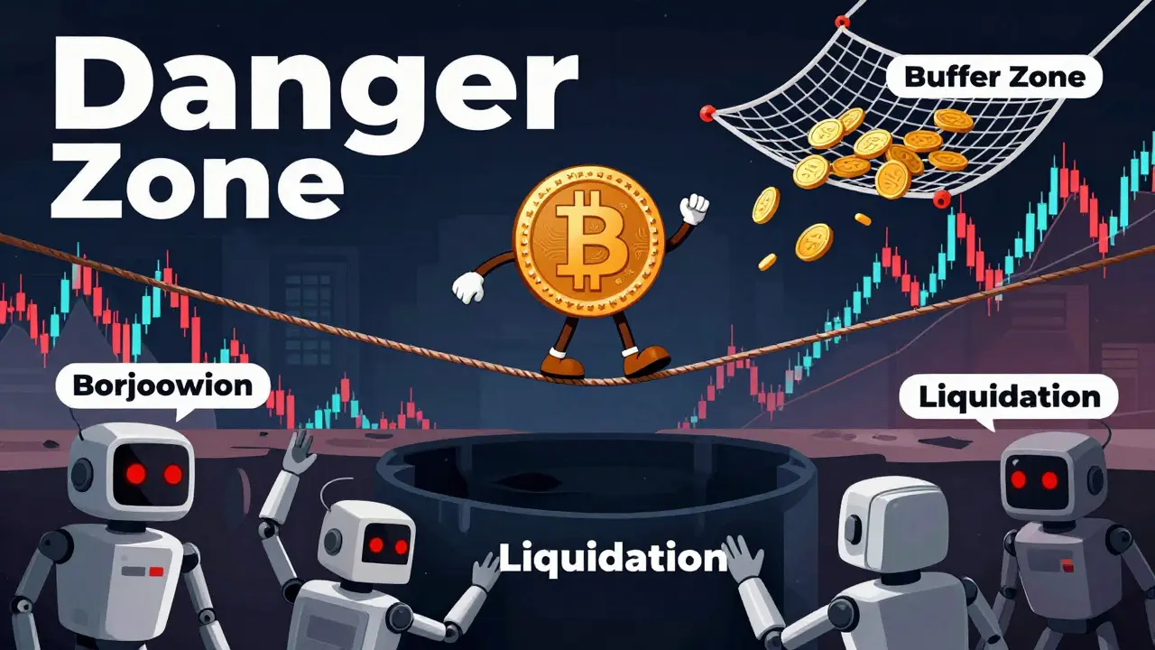 Visual metaphor for crypto loan liquidation risks and buffers.