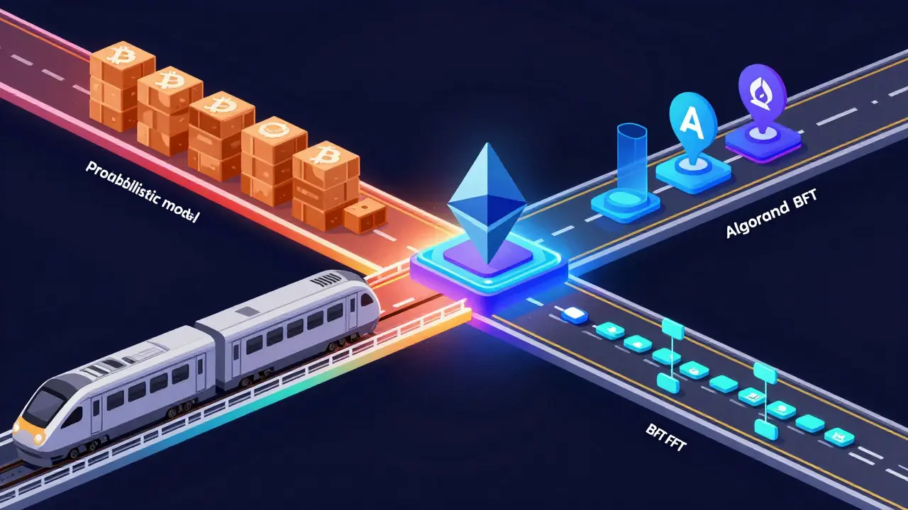 Visual metaphor of different blockchain networks connecting via bridges