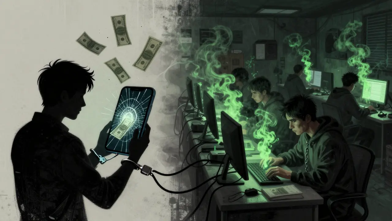 Art depicting victims and forced laborers connected by digital scam webs.