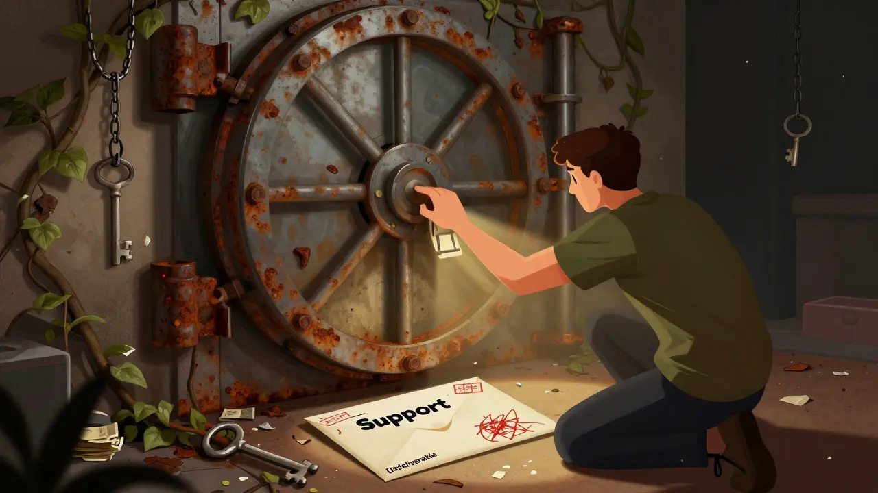 Art of a user blocked by a rusted vault door with an undeliverable support email
