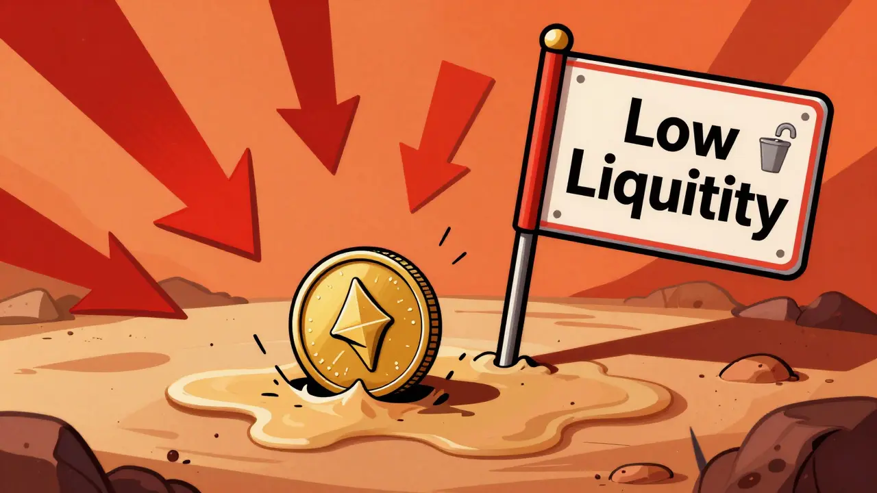 Cartoon coin slipping on a shallow puddle representing low liquidity