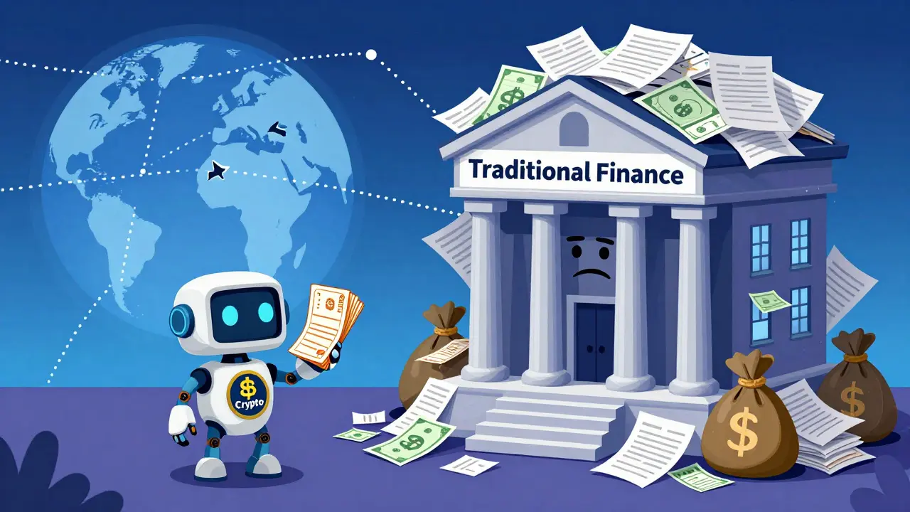 Cartoon comparing small crypto fines to massive traditional banking penalties on a global map.