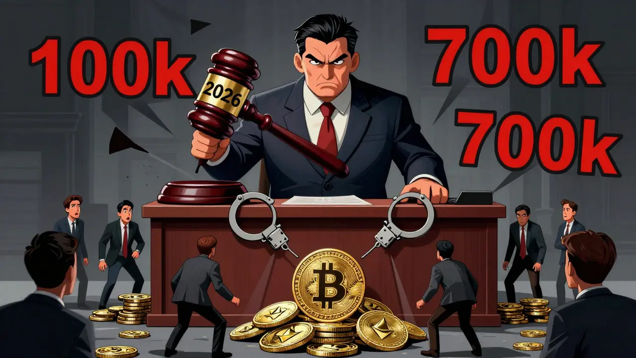 Cartoon depiction of severe 2026 fines and crypto confiscation threats