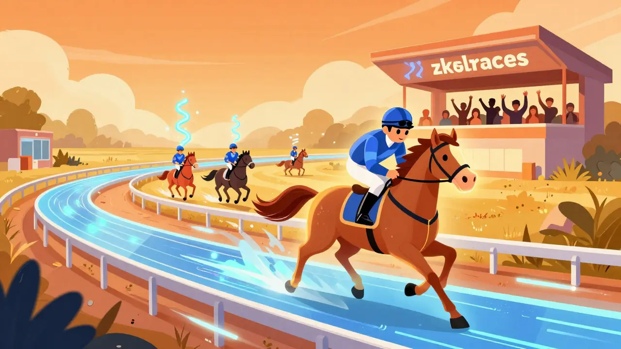 Cartoon jockey riding a glowing NFT horse on a futuristic virtual race track