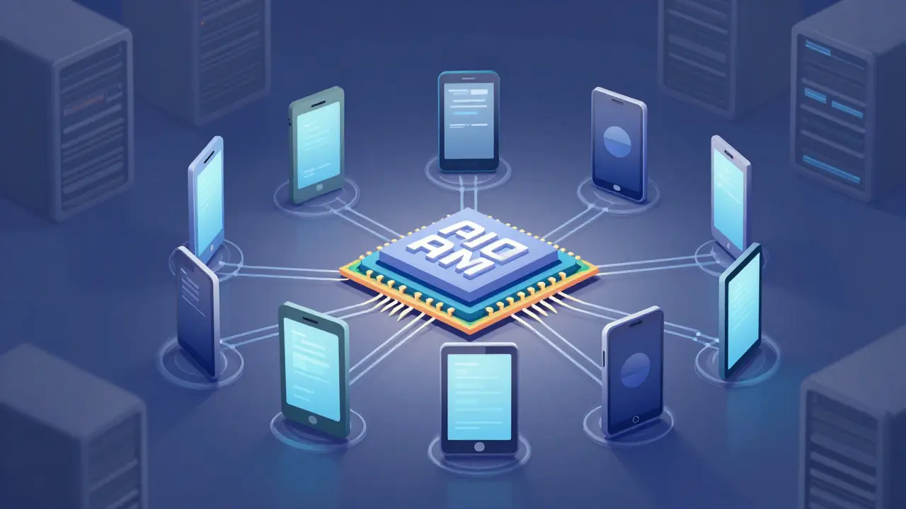 Cartoon network of smartphones connected via ARM chip for computing