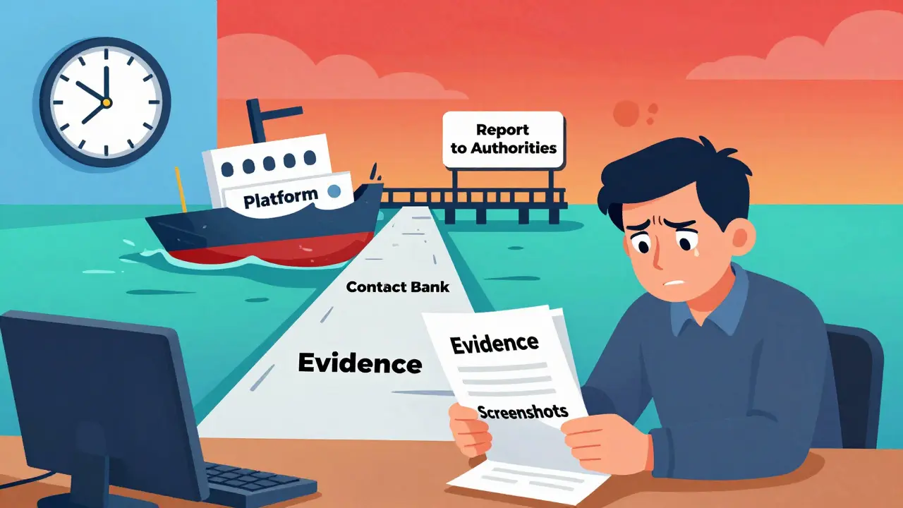 Cartoon of a victim gathering evidence to report a crypto scam and seek help.