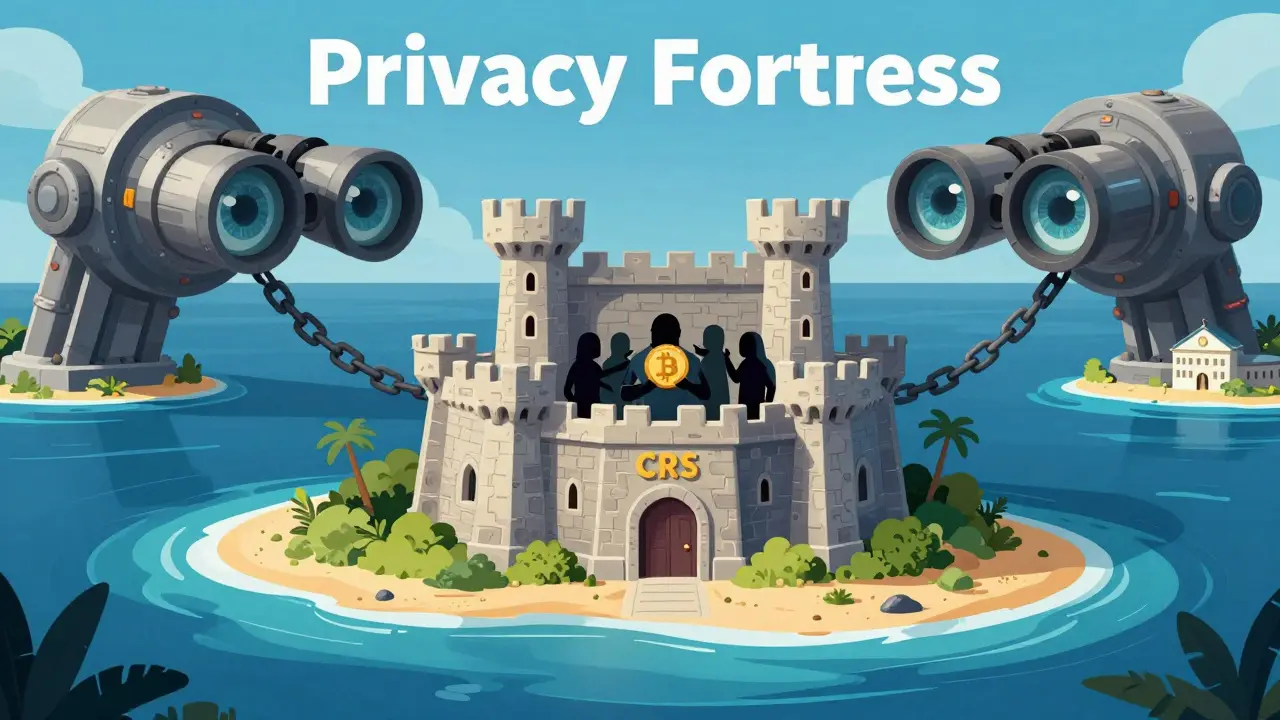 Cartoon of Cayman Islands fortress under surveillance by global financial regulators.