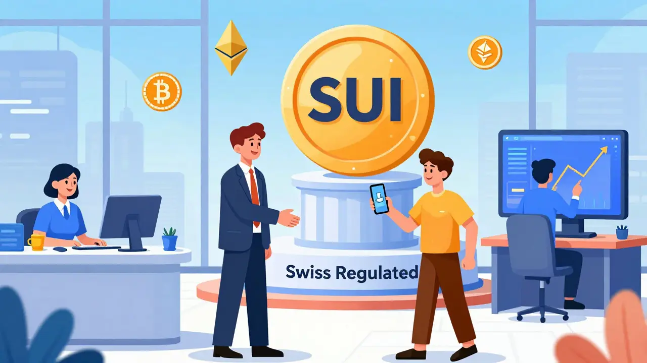 Cartoon of investors and startups using regulated Swiss bank services for various tokens