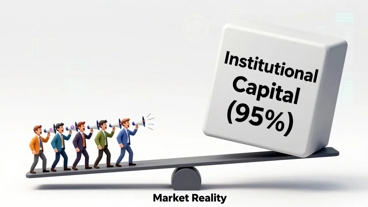 Cartoon representation of the disparity between retail noise and institutional power, showing how small retail voices cannot outweigh the heavy influence of large capital holders.