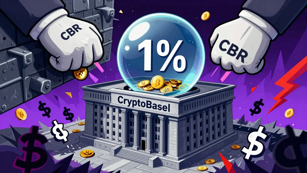 Cartoon showing strict 1% bank capital cap restricting crypto exposure in Russia