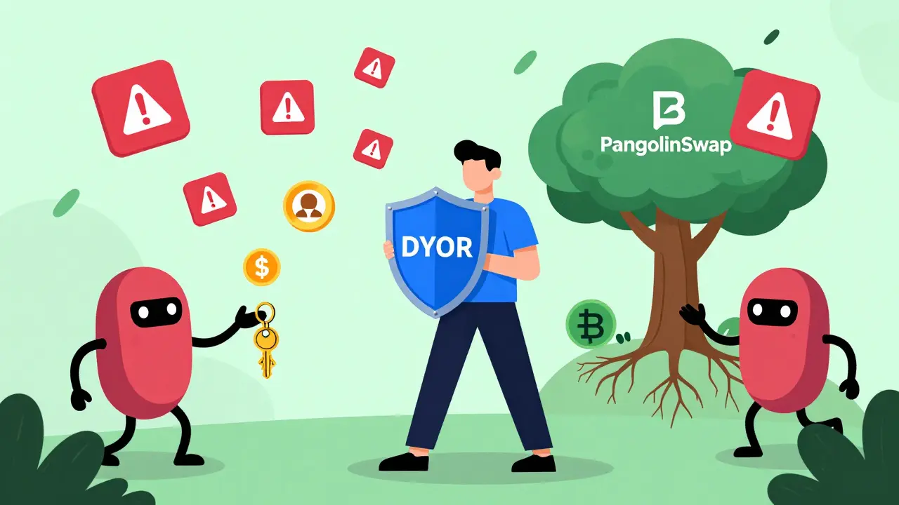 Cartoon showing user protecting against scams while mining BZZONE safely