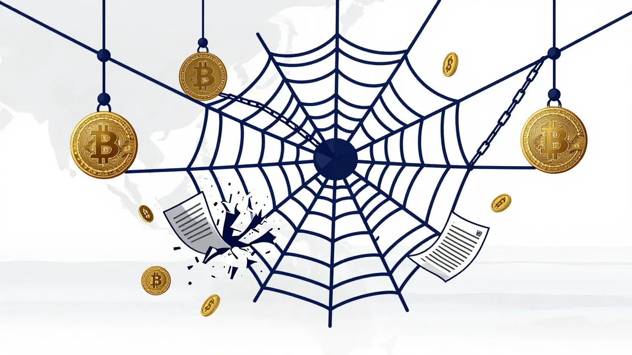 Conceptual art of breaking crypto crime networks with legal enforcement.