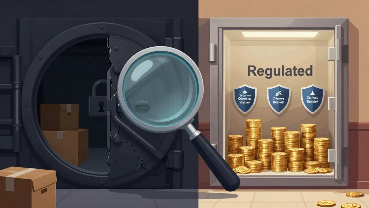 Contrast between opaque shady crypto vault and transparent secure exchange
