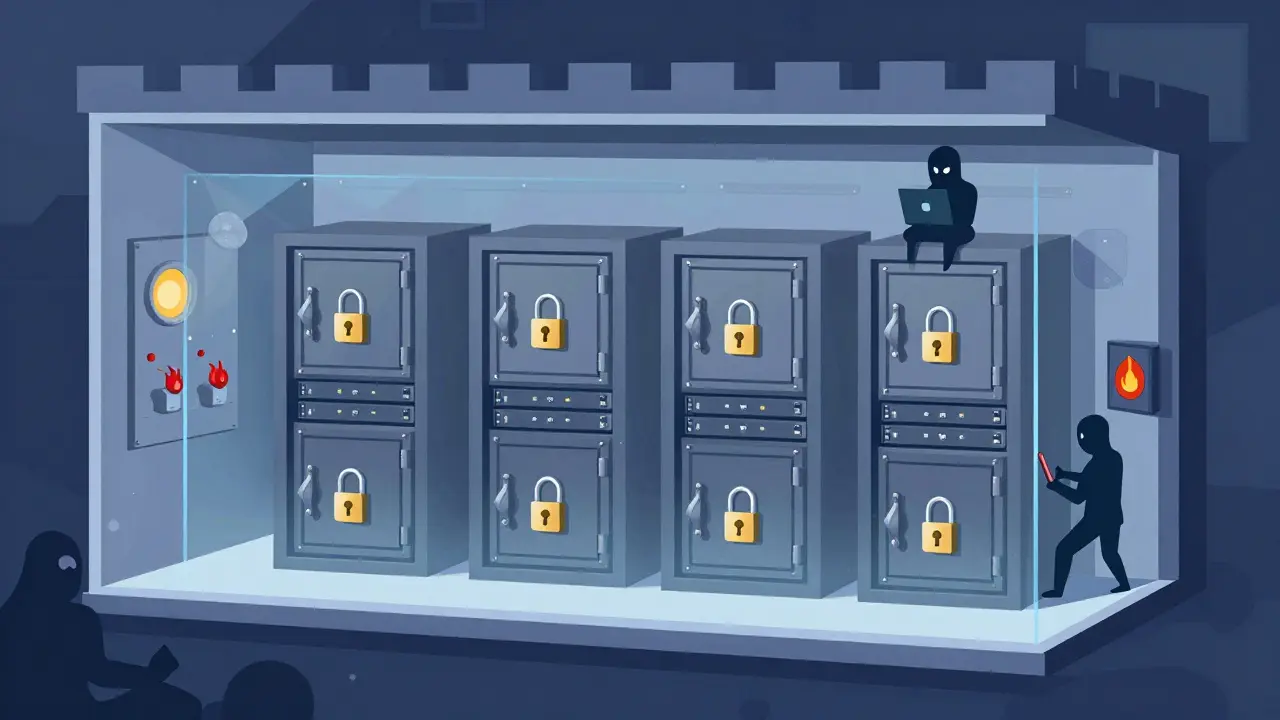 Cross-section illustration of a secure crypto server room with anti-hacking shields