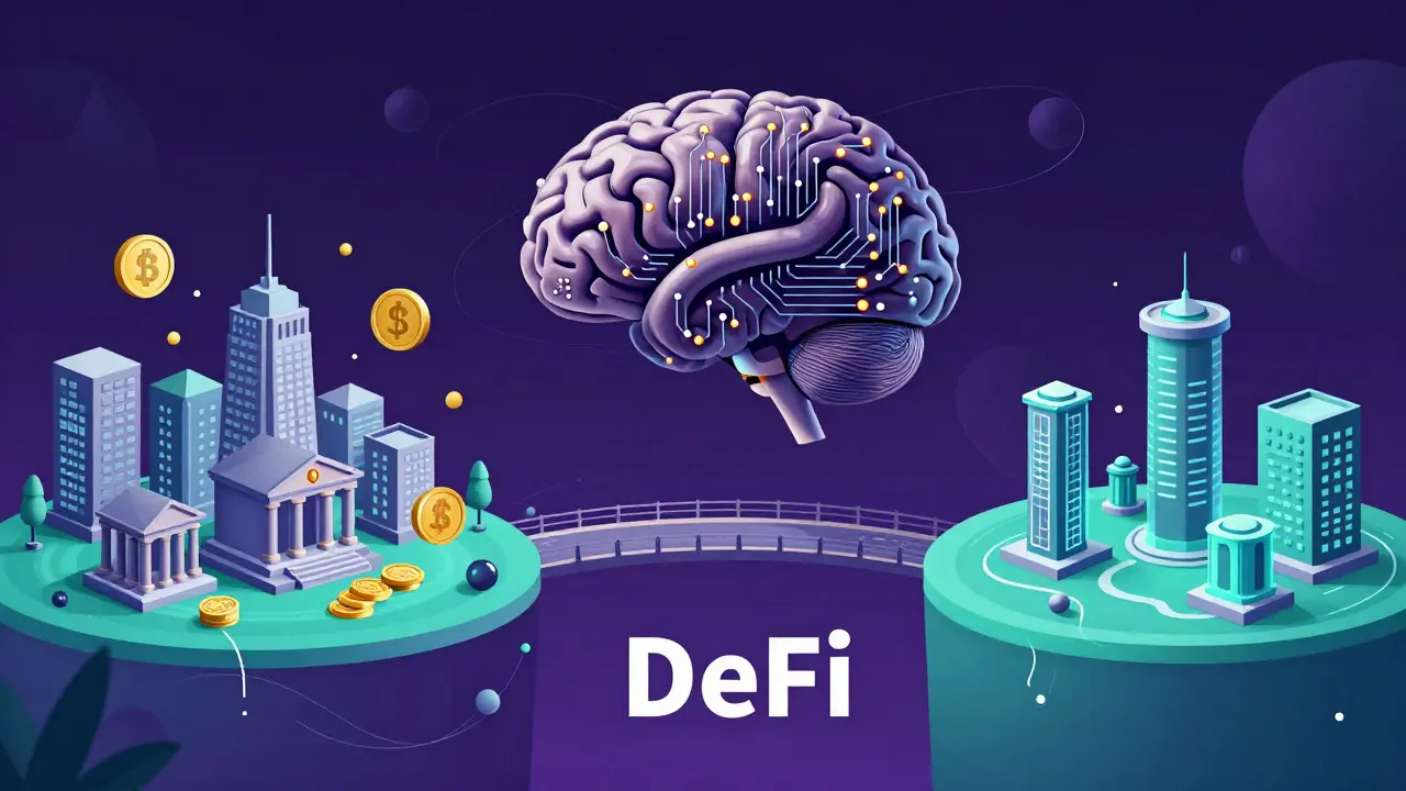 Editorial art depicting AI brains and bridges connecting traditional finance to tokenized assets.