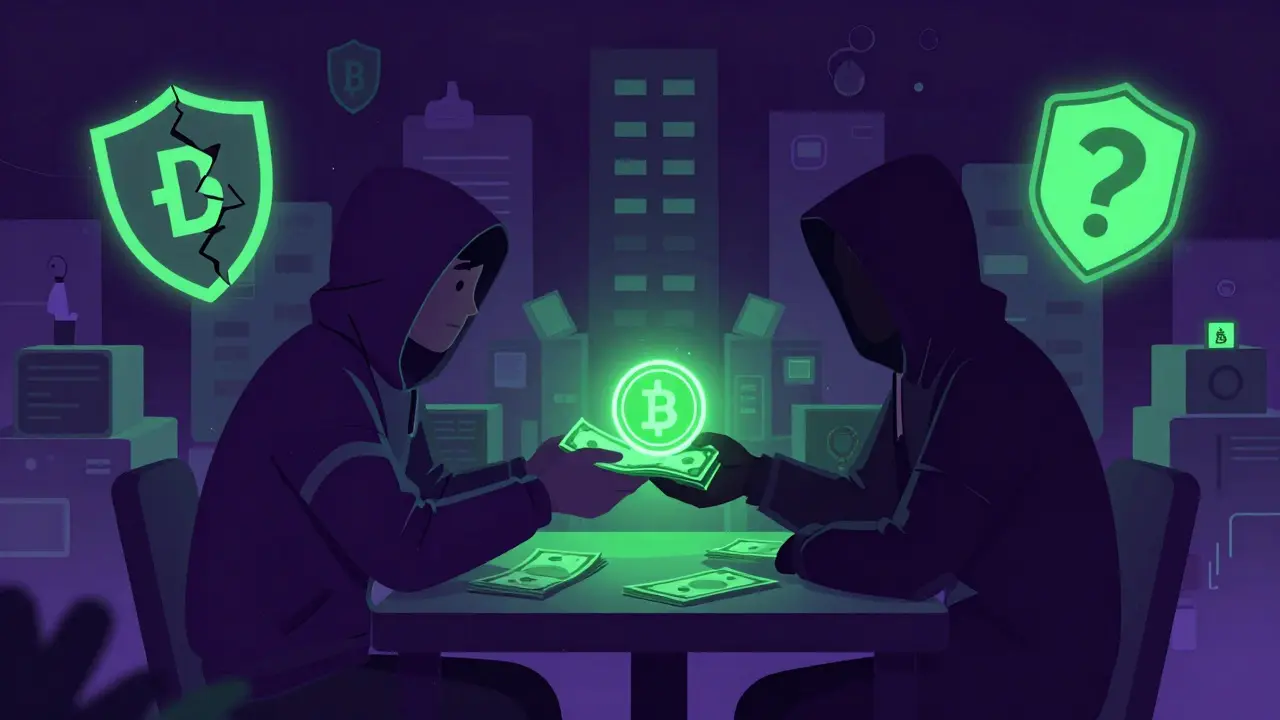 Editorial cartoon of underground crypto trade with risks