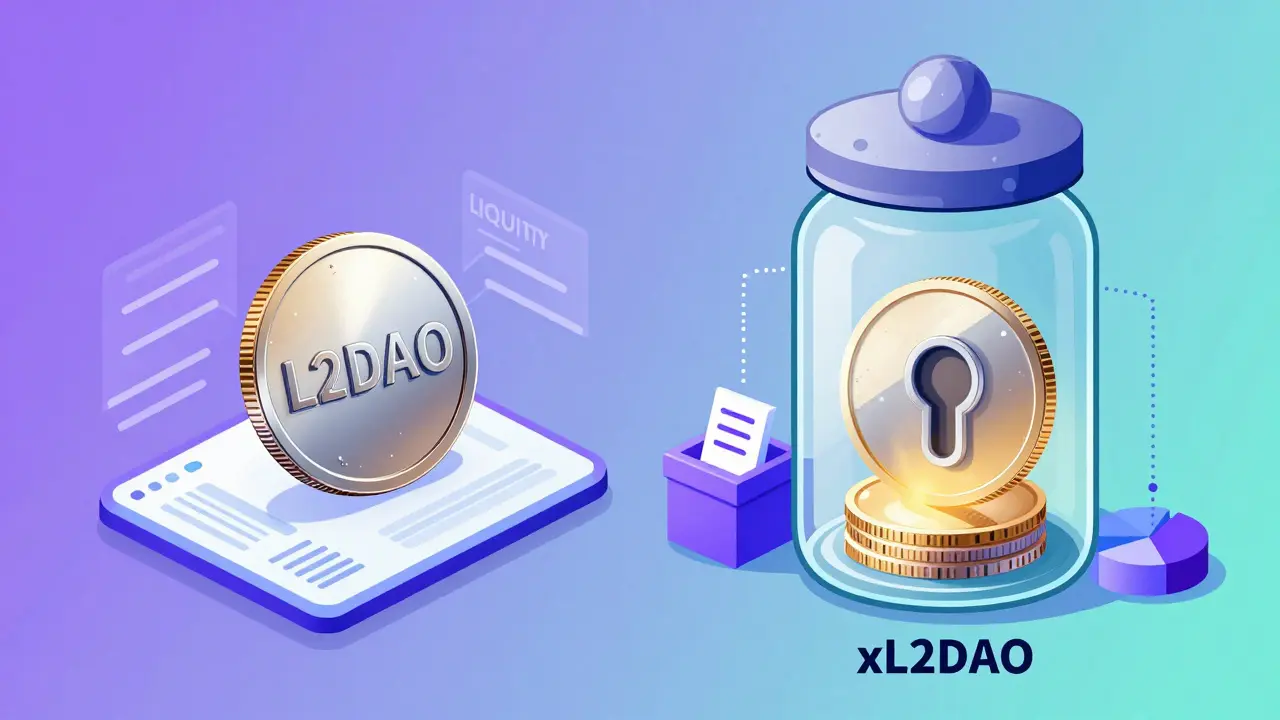 Editorial illustration comparing liquid L2DAO tokens with locked governance xL2DAO tokens.