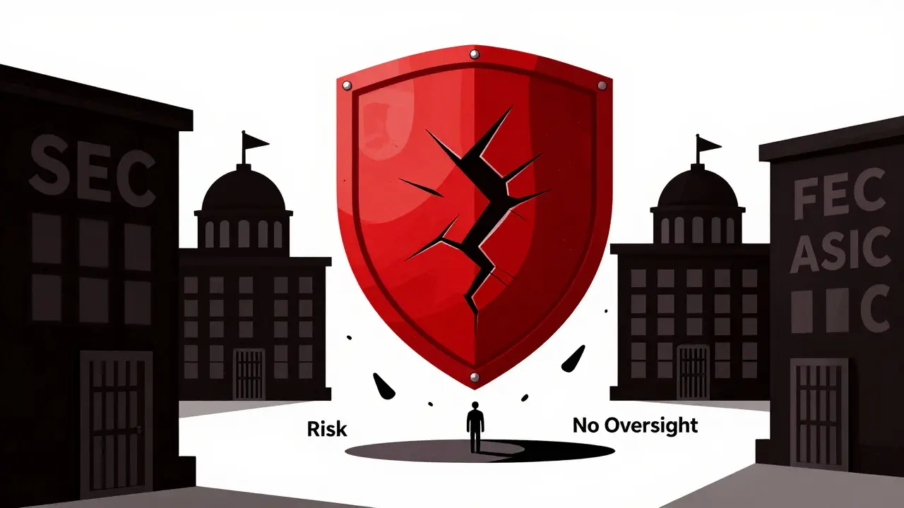Graphic showing a cracked shield rejected by closed regulatory building doors