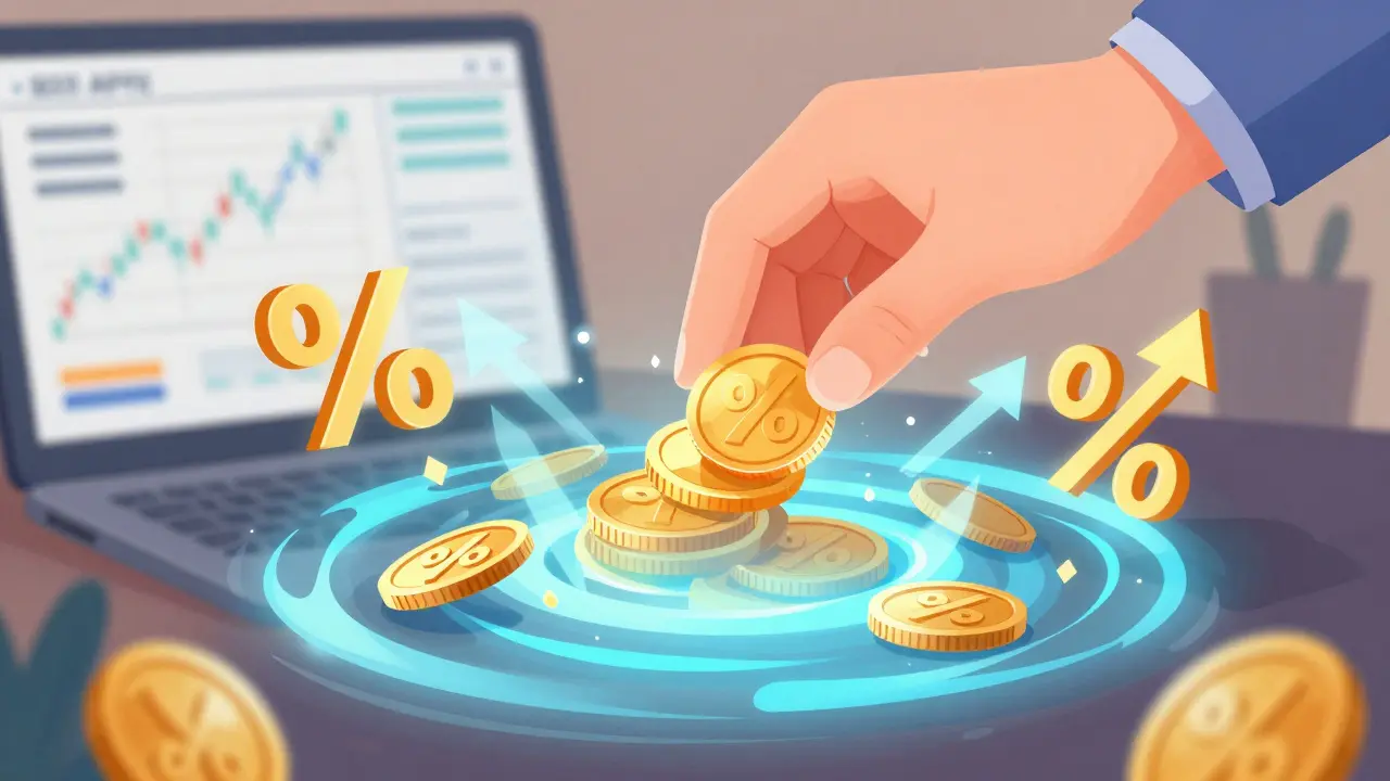 Hand placing coin into a glowing staking reward vortex