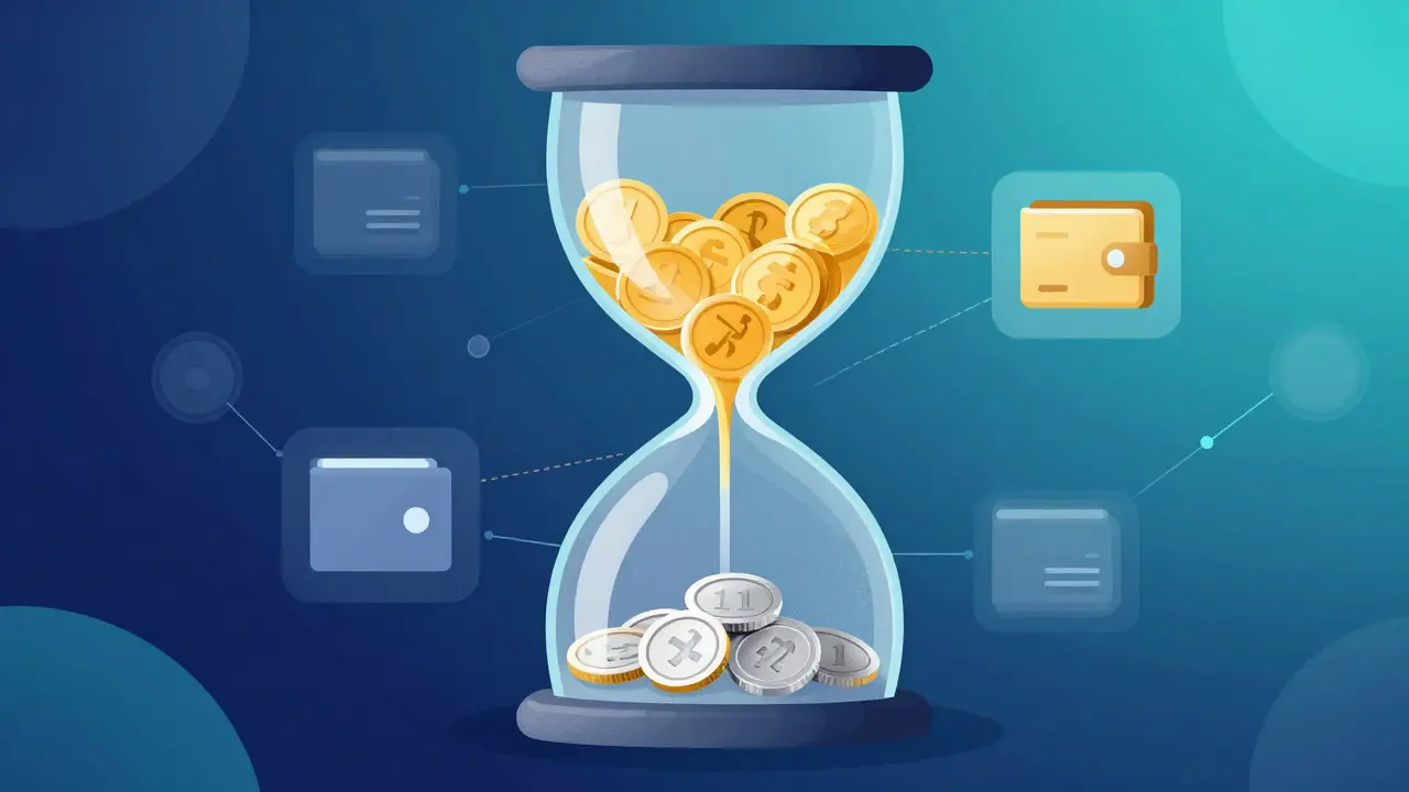 Hourglass with coins transforming, symbolizing the 1:1 token swap process