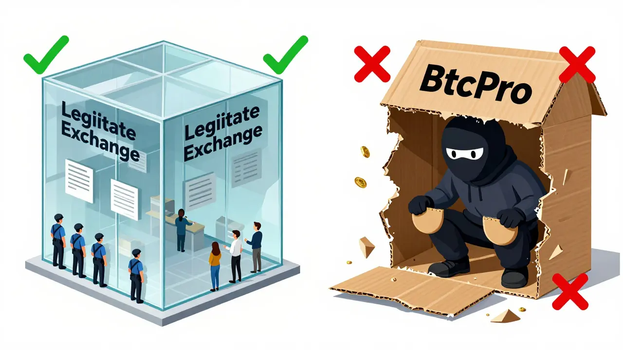 Illustration comparing a secure legitimate exchange to a crumbling scam platform.