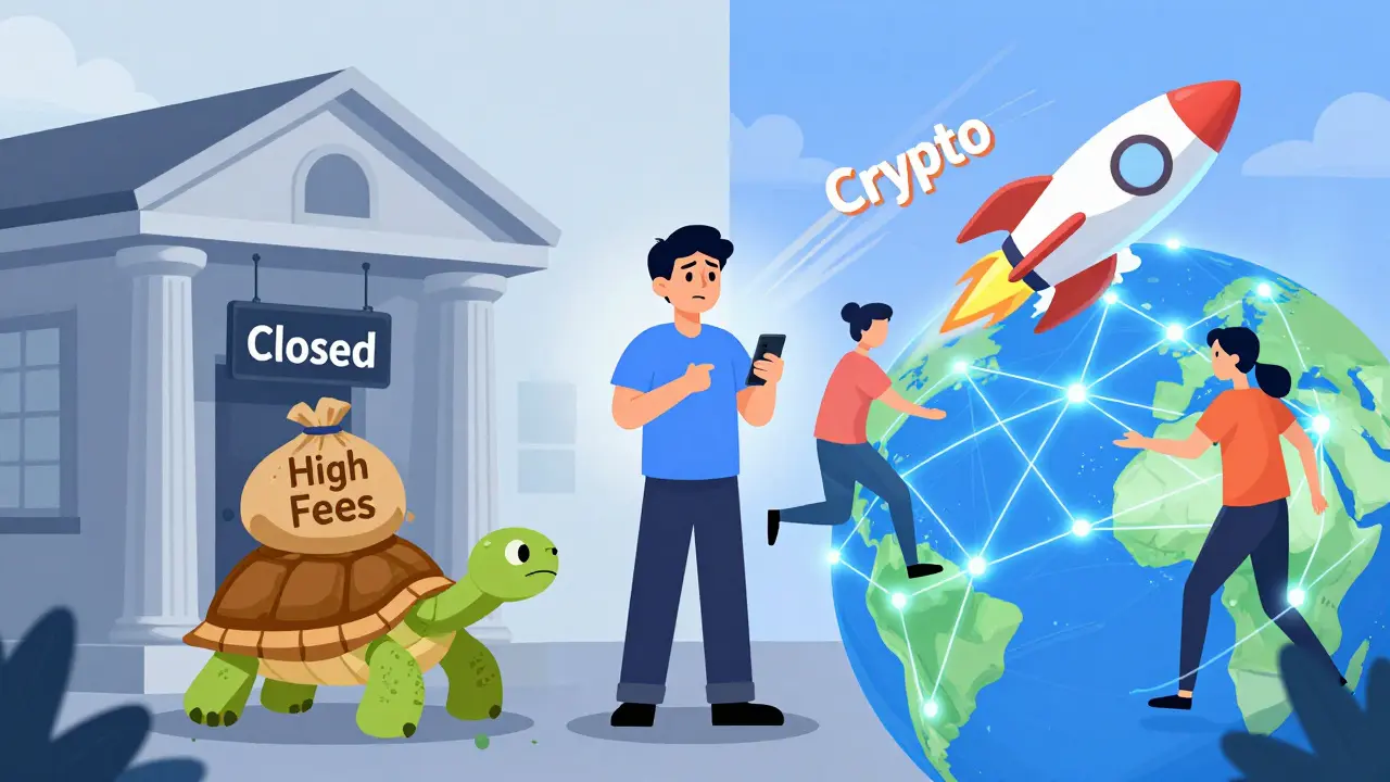 Illustration comparing slow banking vs fast crypto transfers