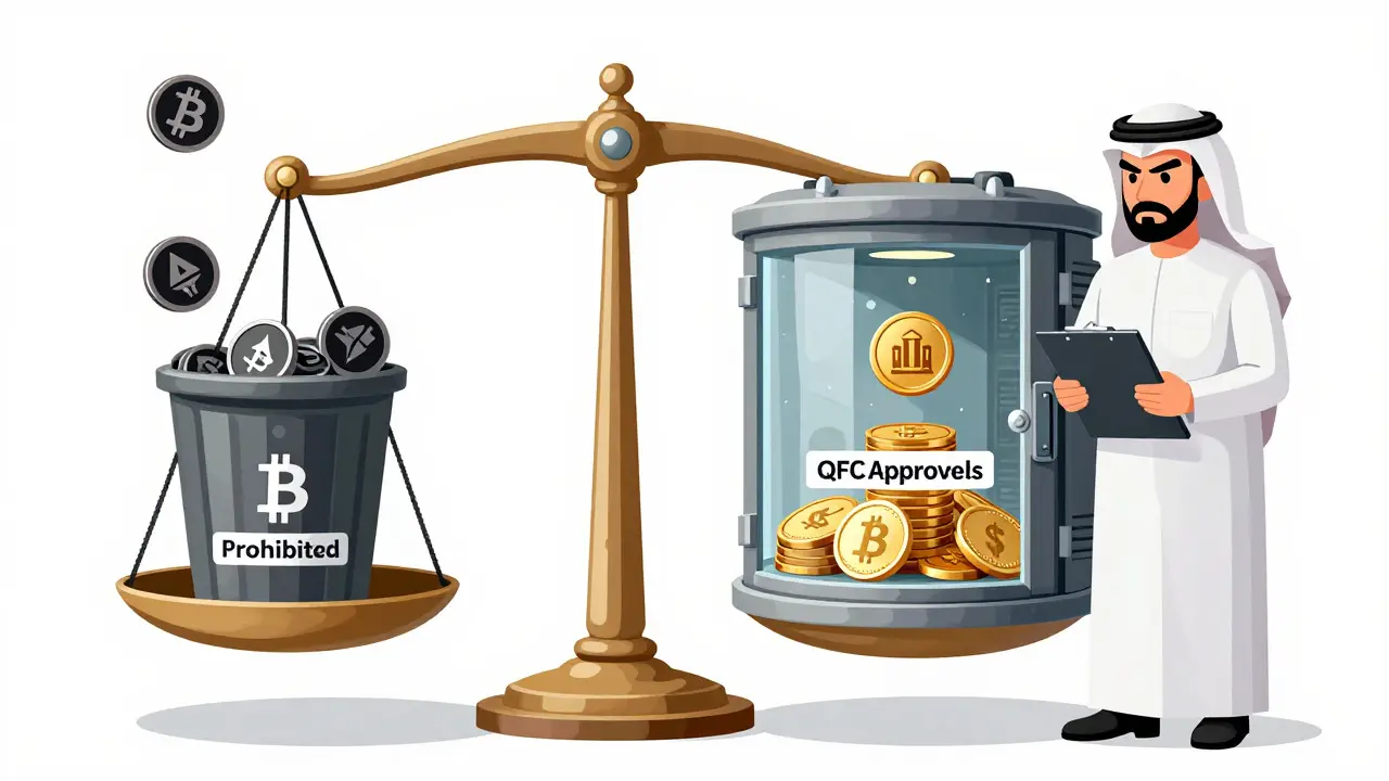 Illustration contrasting prohibited crypto coins with approved tokenized assets