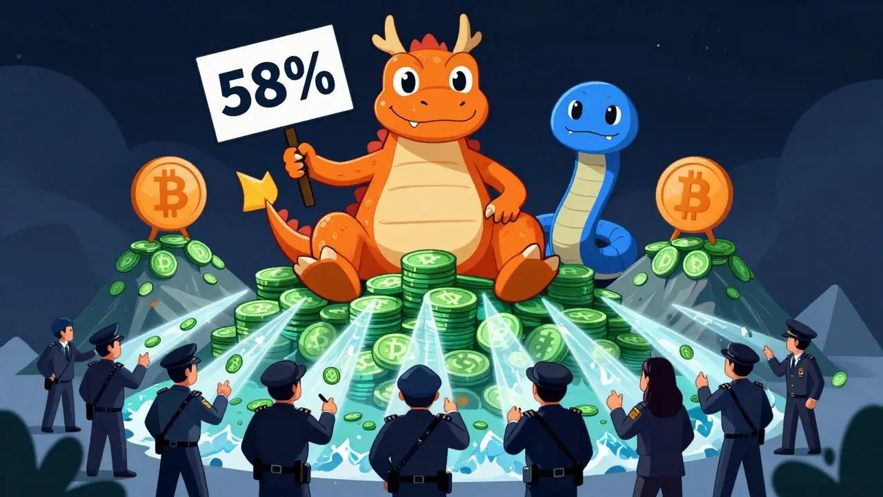 Illustration of a dragon on USDT coins being frozen by regulators, showing blockchain crime stats.