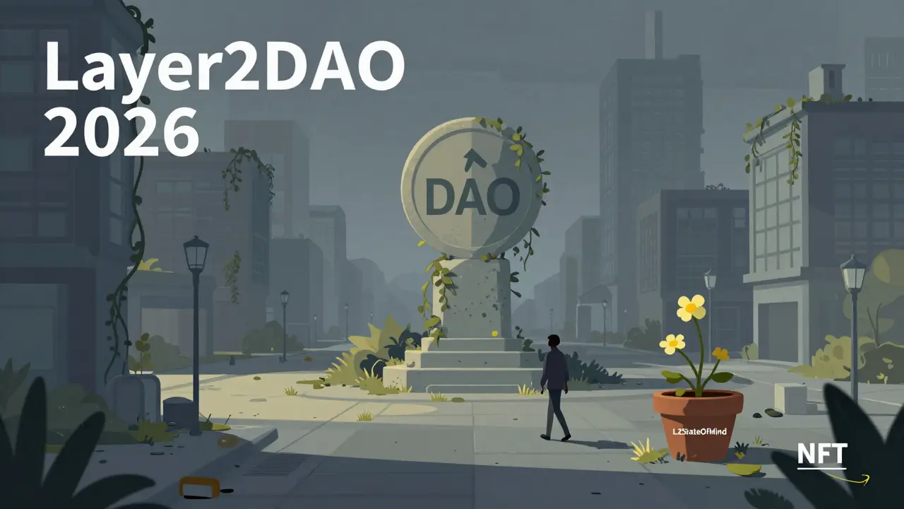 Illustration of a quiet, dormant digital town square representing Layer2DAO's low activity.
