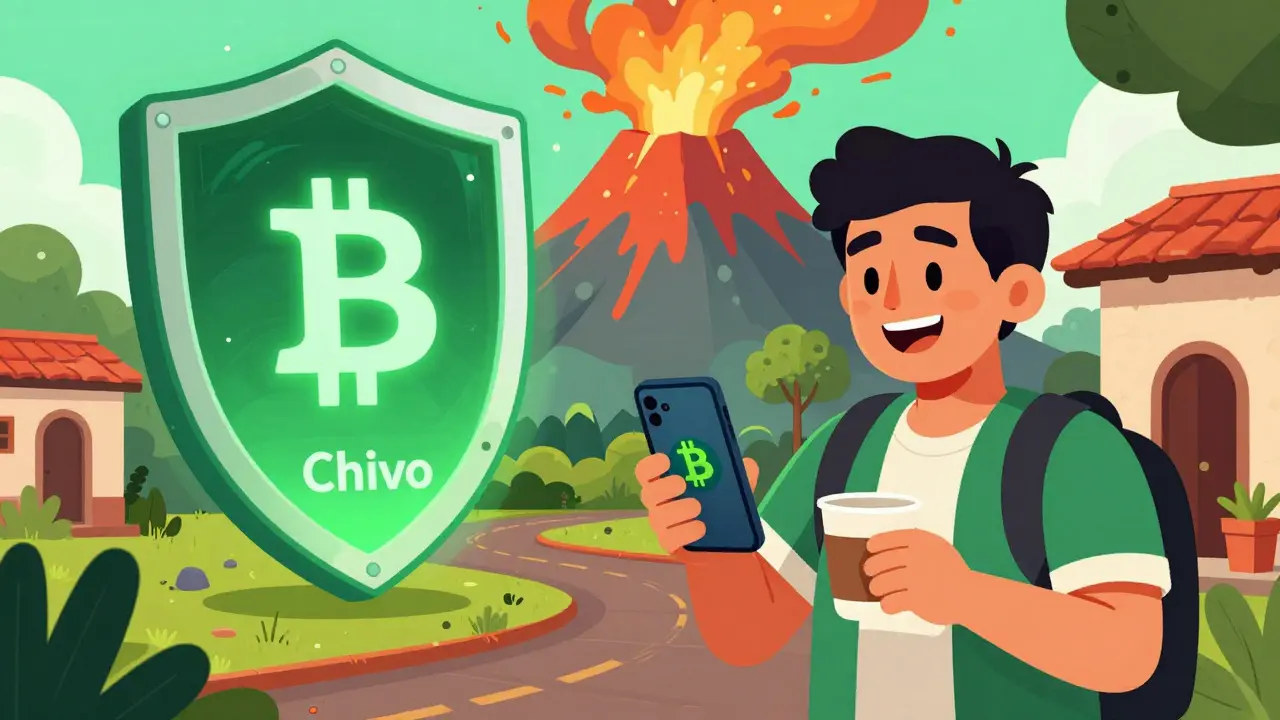 Illustration of Bitcoin use in El Salvador with volcanic eruption symbolizing economic risk.