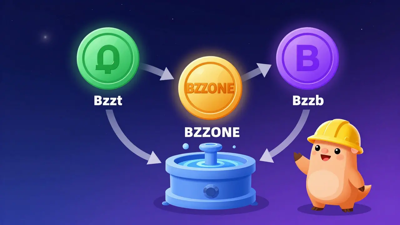 Illustration of Bzzt and Bzzb tokens being deposited to mine BZZONE rewards