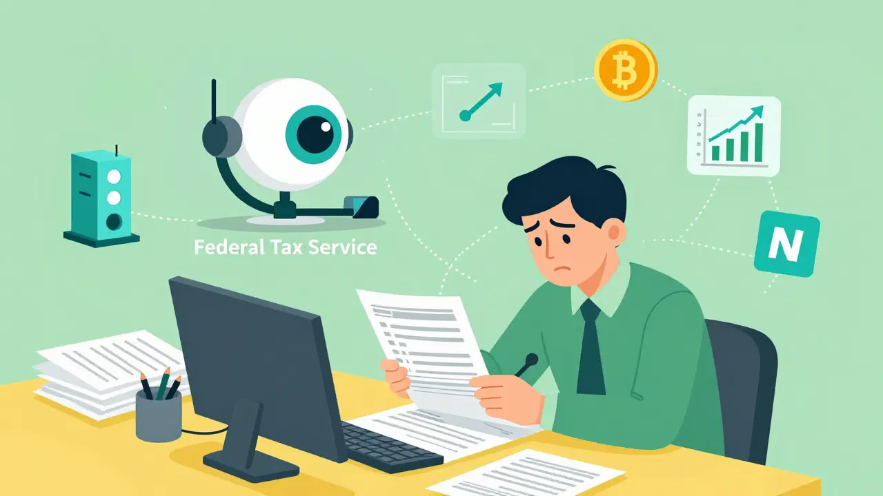 Illustration of citizen filing crypto taxes under government surveillance