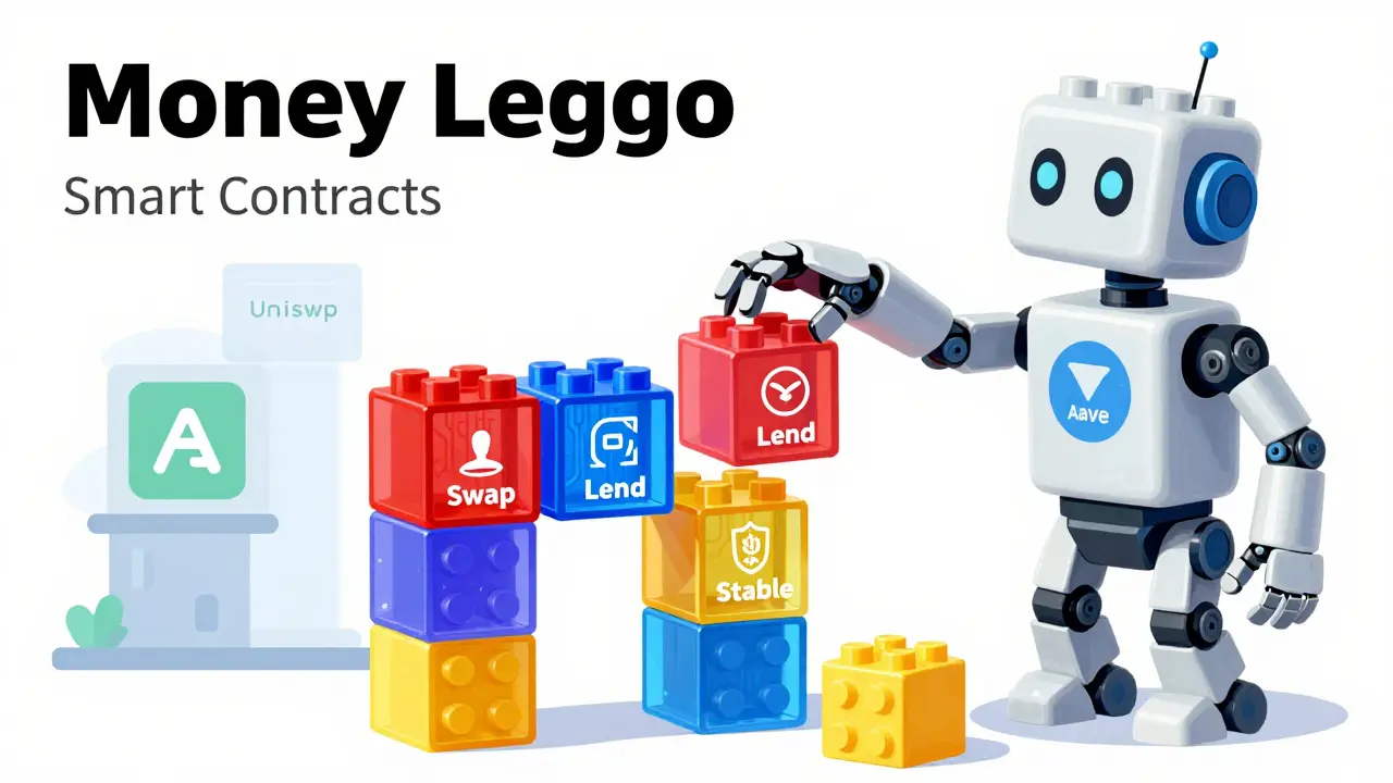 Illustration of colorful Lego-like blocks representing interconnected DeFi protocols like swaps and lending.